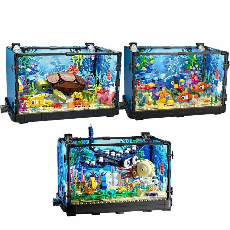 Aquarium Fish Real - ライト付き水槽ビルディングブロックセット、水槽、海洋カメ、14歳以上の子供向けビルディングブロックおもちゃ、ギフト、家の装飾