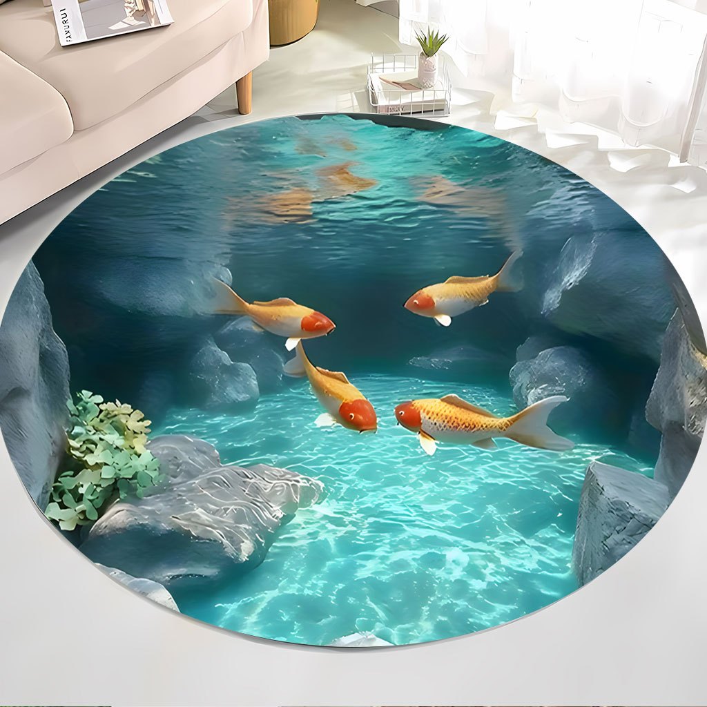 Aquarium Fish Japanese - 鯉の池ラウンドラグフリースリアルな水中シーン水族館テーマフロアマット日本の禅庭リビングルーム寝室の装飾